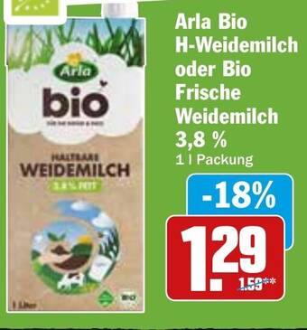 Hit Arla Bio H-Weidemilch oder Bio Frische Weidemilch 3,8% 1 l Packung Angebot