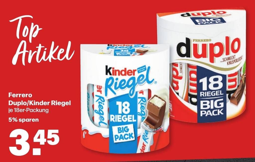 Ferrero Duplo/Kinder Riegel je 18er-Packung Angebot bei Handelshof