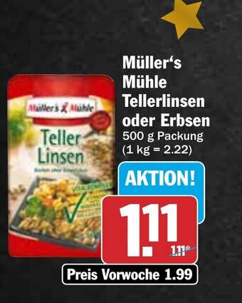 Hit Müller's Mühle Tellerlinsen oder Erbsen 500 g Packung Angebot