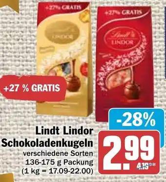 Hit Lindt Lindor Schokoladenkugeln 136-175 g Packung Angebot