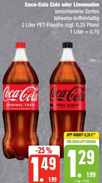 Edeka Frischemarkt Coca-Cola Cola oder Limonaden 2 Liter PET-Flasche Angebot