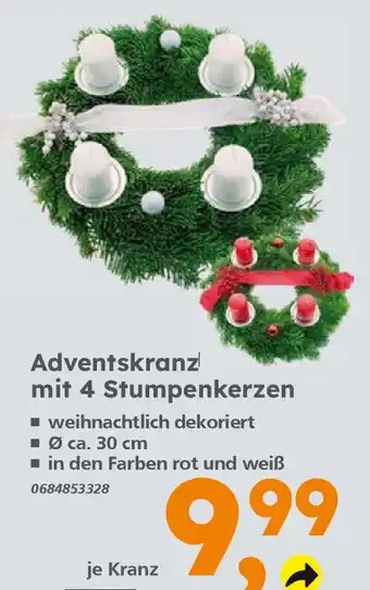 Globus Baumarkt Adventskranz mit 4 Stumpenkerzen Angebot