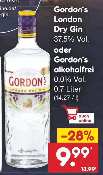 Netto Marken-Discount Gordon's London Dry Gin oder GORDON'S alkoholfrei 0,7 Liter Angebot