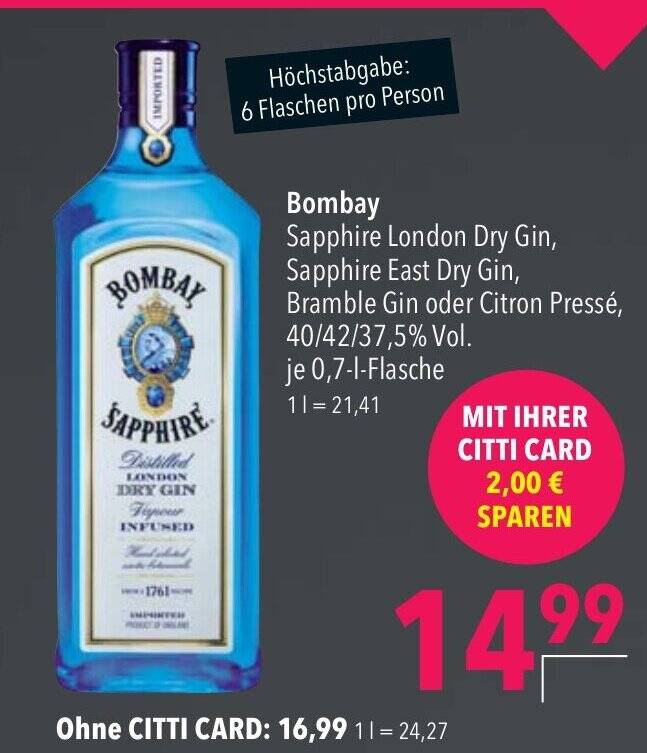Bombay Sapphire London Dry Gin, Sapphire East Dry Gin, Bramble Gin oder