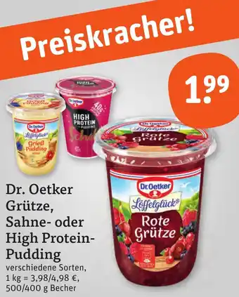 tegut Dr. Oetker Grütze, Sahne oder High Protein-Pudding 500/400 g Becher Angebot