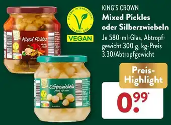 Aldi Süd KING'S CROWN Mixed Pickles oder Silberzwiebeln 580 ml Glas Angebot