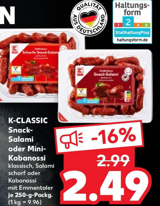 KCLASSIC SnackSalami oder MiniKabanossi 250 g Packg. Angebot bei