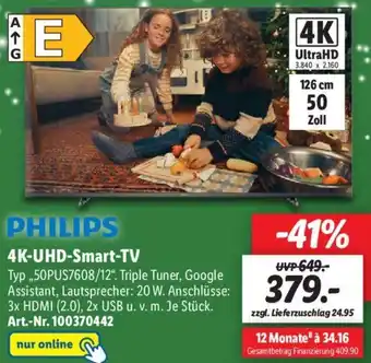 Lidl PHILIPS 4K-UHD Smart TV ,,50PUS7608/12" Angebot