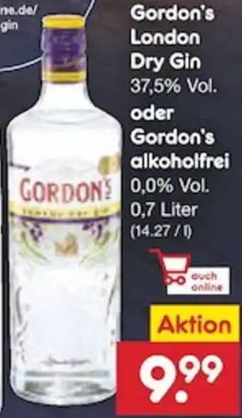 Netto Marken-Discount Gordon's London Dry Gin oder Gordon's alkoholfrei 0,7 Liter Angebot