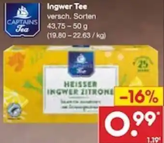 Netto Marken-Discount Captains Tea Ingwer Tee 43,75 - 50 g Angebot