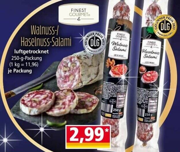 FINEST GOURMET Walnuss/ HaselnussSalami 250 g Packung Angebot bei Norma
