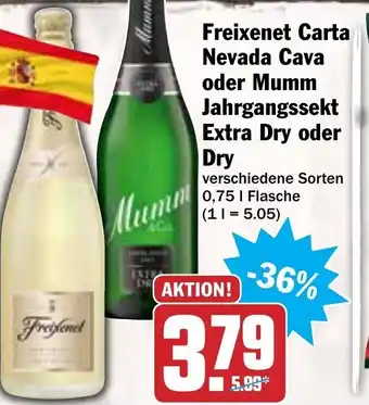 Hit Freixenet Carta Nevada Cava oder Mumm Jahrgangssekt Extra Dry oder Dry 0,75L Angebot