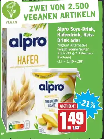 Hit Alpro Soya Drink, Haferdrink, Reis Drink 350-500g/1L Becher Angebot