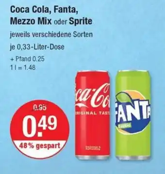 V Markt Coca Cola, Fanta, Mezzo Mix oder Sprite 0,33-Liter-Dose Angebot