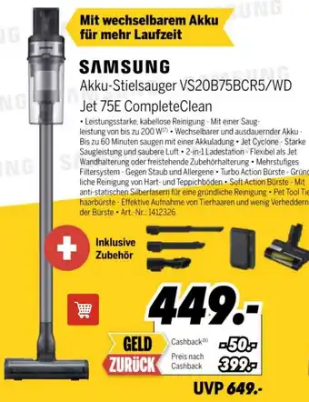 MEDIMAX SAMSUNG Akku-Stielsauger VS20B75BCR5/WD Jet 75E CompleteClean Angebot