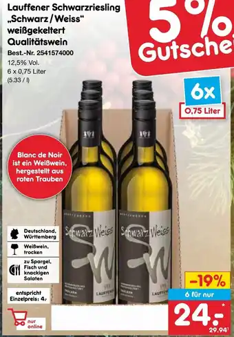 Netto Marken-Discount Lauffener Schwarzriesling ,,Schwarz/Weiss" weißgekeltert Qualitätswein 6 x 0,75 Liter Angebot