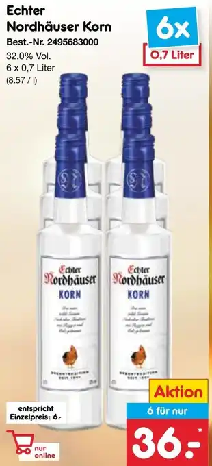 Netto Marken-Discount Echter Nordhäuser Korn 6 x 0,7 Liter Angebot