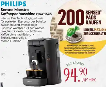 V Markt PHILIPS Senseo Maestro Kaffeepadmaschine CSA260/65 Angebot