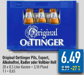 diska Original Oettinger Pils, Export, Alkoholfrei, Radler oder Vollbier Hell 20 x 0,5 Liter Kasten Angebot