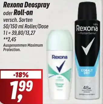 Simmel Rexona Deospray oder Roll-on 50/150 ml Roller/Dose Angebot