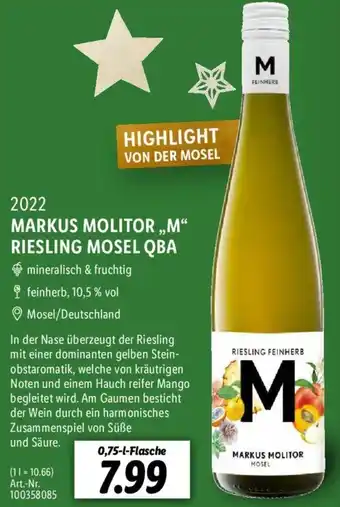 Lidl 2022 MARKUS MOLITOR ,,M" RIESLING MOSEL QBA 0,75-l-Flasche Angebot