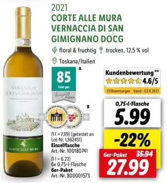 Lidl 2021 CORTE ALLE MURA VERNACCIA DI SAN GIMIGNANO DOCG 0,75 L Flasche Angebot