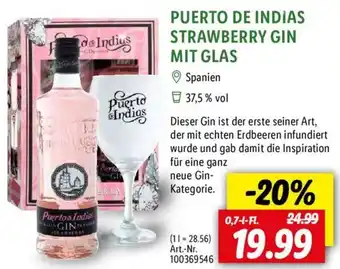 Lidl PUERTO DE INDIAS STRAWBERRY GIN MIT GLAS 0,7 L-Fl. Angebot