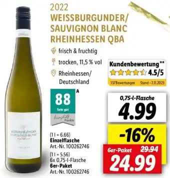 Lidl 2022 WEISSBURGUNDER/ SAUVIGNON BLANC RHEINHESSEN QBA 0,75-l-Flasche Angebot