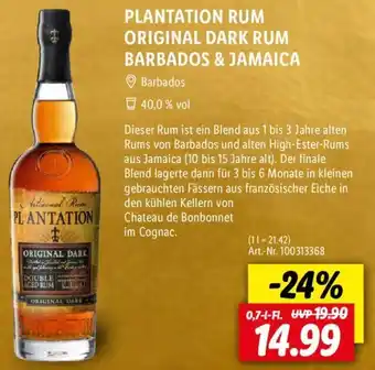 Lidl PLANTATION RUM ORIGINAL DARK RUM BARBADOS & JAMAICA 0,7 L-Fl. Angebot