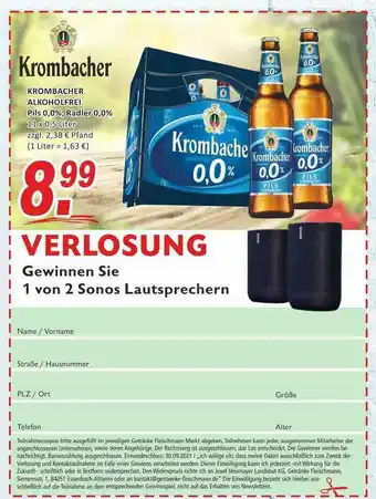 Getränke Fleischmann Krombacher Alkoholfrei Pils 0.0% Radler 0.0% Angebot