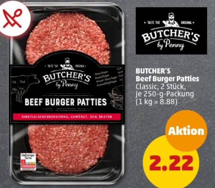 BUTCHER'S Beef Burger Patties 250 g Packung Angebot bei PENNY