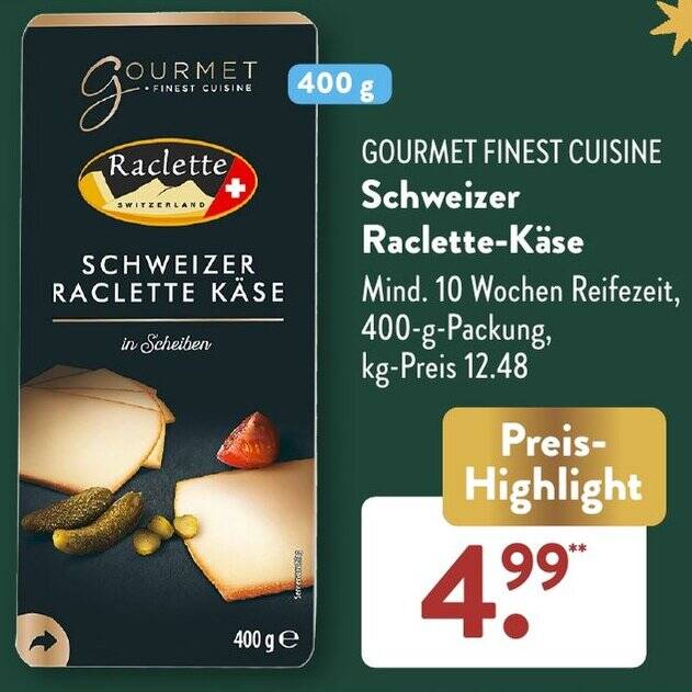 GOURMET FINEST CUISINE Schweizer RacletteKäse 400 g Packung Angebot bei Aldi Süd