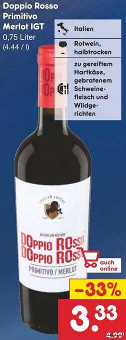 Netto Marken-Discount Doppio Rosso Primitivo Merlot IGT 0,75 Liter Angebot