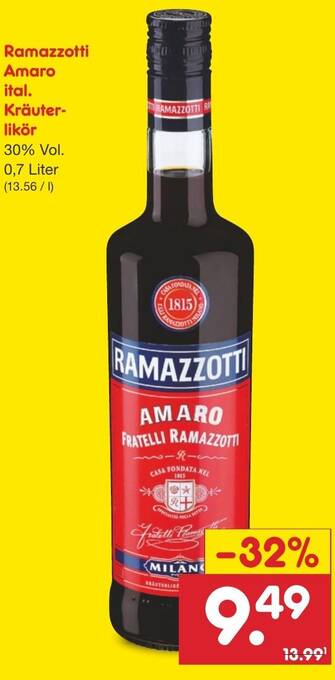 Netto Marken-Discount Ramazzotti Amaro ital. Kräuterlikör 0,7 Liter Angebot