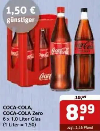 Getränke Quelle COCA-COLA, COCA-COLA Zero 6 x 1,0 Liter Glas Angebot