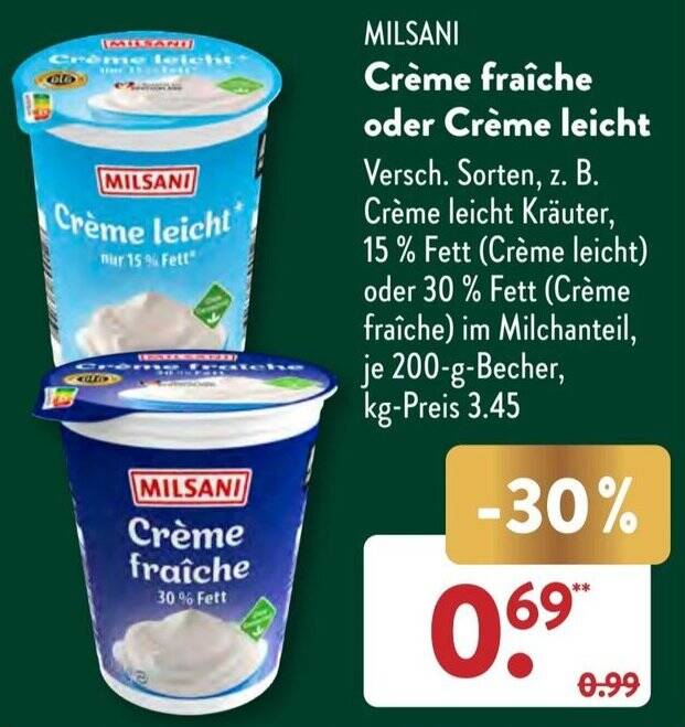 MILSANI Crème fraîche oder Crème leicht 200 g Becher Angebot bei Aldi Süd