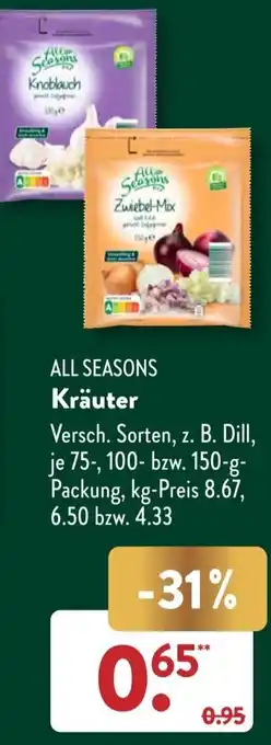 Aldi Süd ALL SEASONS Kräuter 75, 100, 150 g Packung Angebot