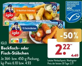 Aldi Süd IGLO Backfisch oder Fisch-Stäbchen 364-450 g Packung Angebot