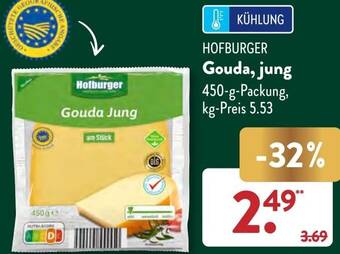 Aldi Süd HOFBURGER Gouda, jung 450 g Packung Angebot