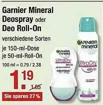 V Markt Garnier Mineral Deospray Oder Deo Roll-on Verschiedene Sorten Angebot