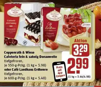 REWE Coppenrath & Wiese Cafeteria fein & sahnig Donauwelle, je 550-g-Pckg. oder Café Landhaus Erdbeere tiefgefroren, je 600 g Angebot