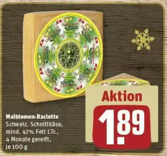 REWE Maiblumen-Raclette Schweiz. Schnittkäse, mind. 47% Fett i.Tr., 4 Monate gereift, je 100 g Angebot