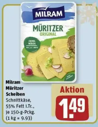 REWE Milram Müritzer Scheiben Schnittkäse, 55% Fett i.Tr., je 150-g-Pckg. Angebot