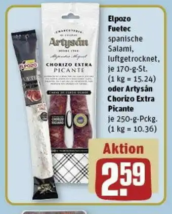 REWE Elpozo Fuetec spanische Salami, luftgetrocknet, je 170-g-St. oder Artysán Chorizo Extra Picante je 250-g-Pckg. Angebot