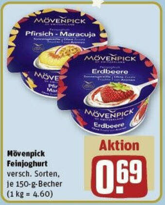 REWE Mövenpick Feinjoghurt versch. Sorten, je 150-g-Becher Angebot
