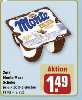 REWE Zott Monte Maxi Schoko je 4 x 100-g-Becher Angebot