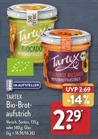 Aldi Nord TARTEX Bio-Brot-aufstrich 135 g oder 140 g Glas Angebot