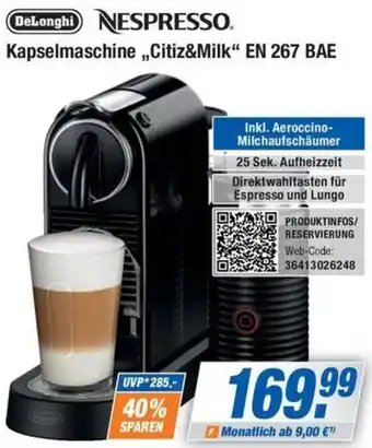 Expert Bening DeLonghi NESPRESSO. Kapselmaschine ,,Citiz&Milk" EN 267 BAE Angebot