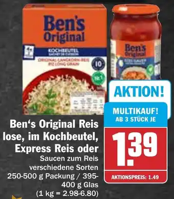 Hit Ben's Original Reis lose, im Kochbeutel, Express Reis 250-500 g Packung/395-400 g Glas Angebot