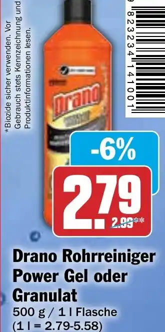 Hit Drano Rohrreiniger Power Gel oder Granulat 500 g/1 L Flasche Angebot